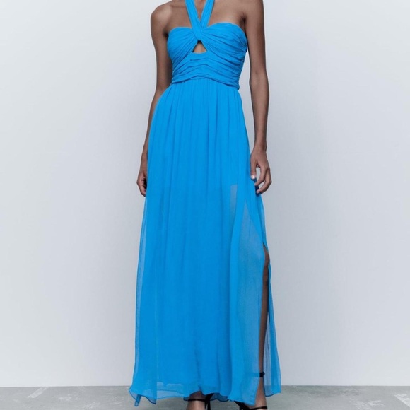 Zara | Halterneck Maxi Dress Side Slits Size Large - Picture 5 of 6